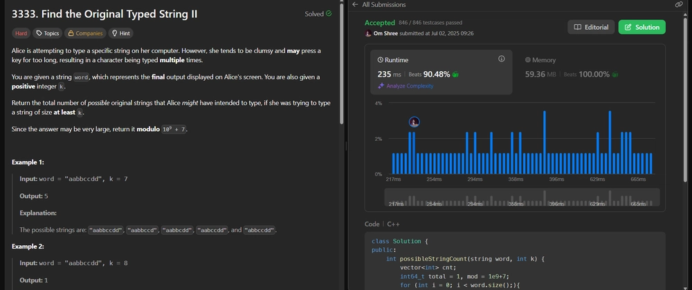 &quot;Solve &apos;Find the Original Typed String II&apos; with DP and Combi
