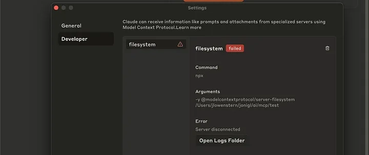 MCP Filesystem 서버 연결 중단 해결 방법