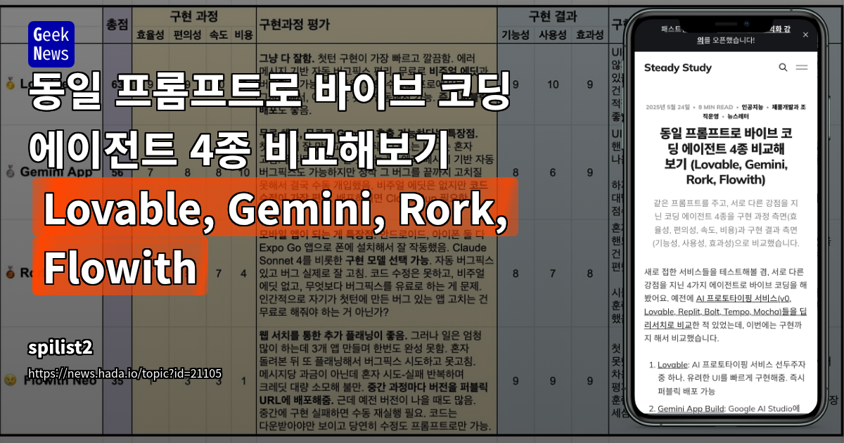 바이브 코딩 AI 에이전트 4종 비교: Lovable, Gemini, Rork, Flowith